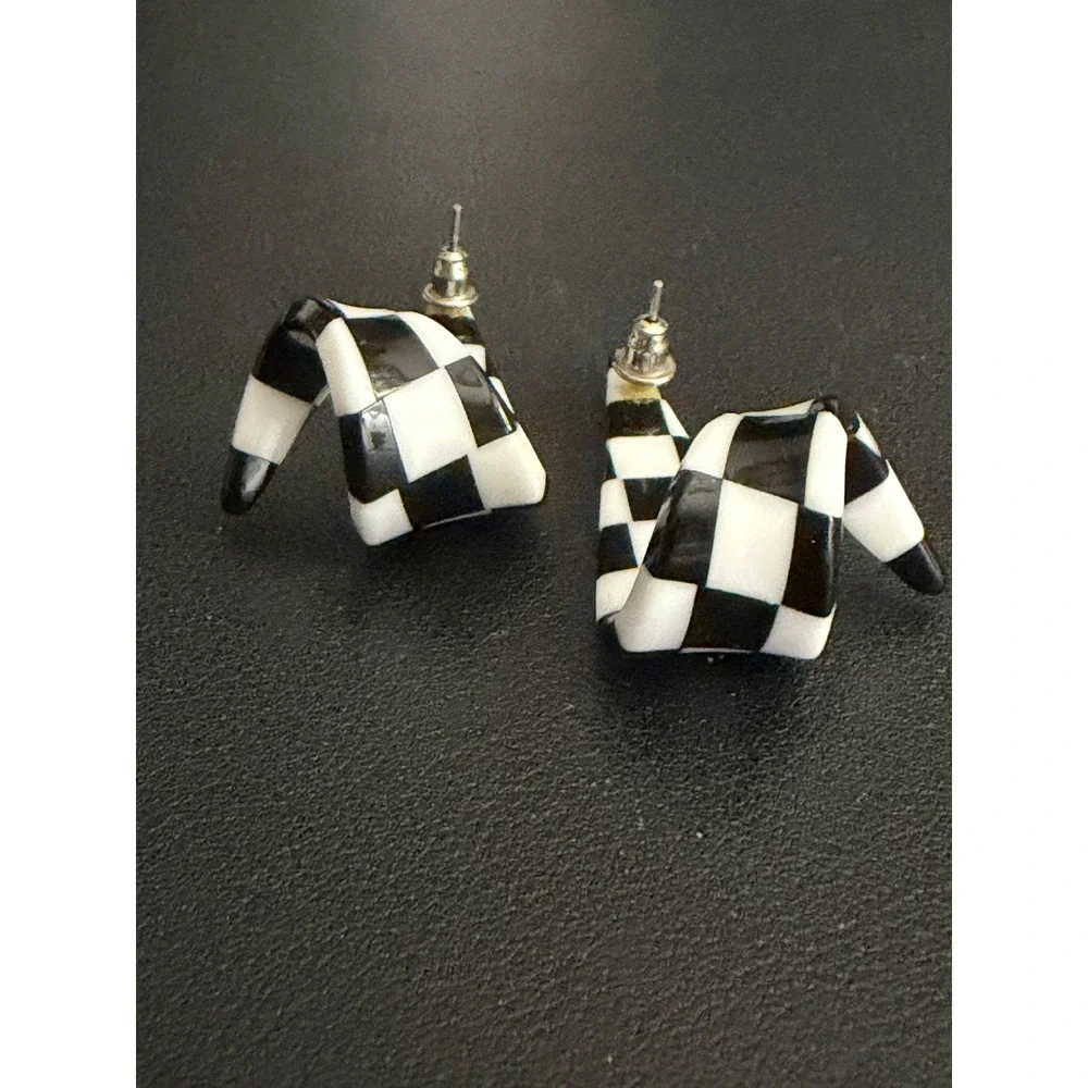 Vintage Earrings Checkered Acrylic Pop Art Black White